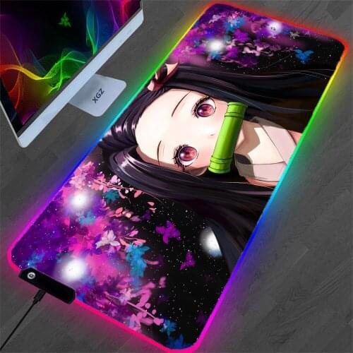 Kimetsu No Yaiba LED Light Gaming Mouse Pad Anime Demon Killer RGB XXL Locking Mouse Pad Keyboard Desk Pad Computer MousePad