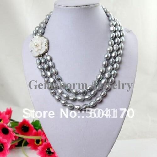 Fashion 3 Rows Rice Pearls Necklaces,Handmade Freshwater Pearls Jewelry Gray Pearl Jewelry Free Shipping FP72