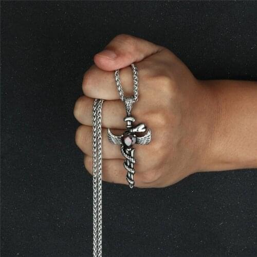 Mens Stainless steel Knight Snake winding Sword Necklaces Punk Unique Charm Saint Sword & Snake Red Heart Necklaces