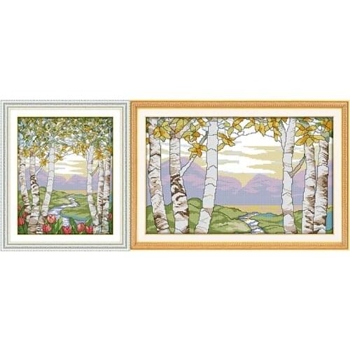 Joy Sunday Birches In The Summer Cotton Thread Painting 11CT 14CT Embroidery Patterns Counted Cross-Stitching Needlework Set