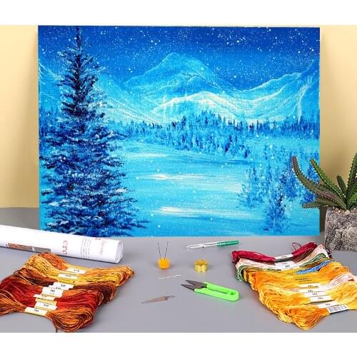 Natural Scenery Blue Winter Printed Canvas 11CT Cross Stitch Embroidery Full Kit DMC Threads Needlework Craft Wholesale