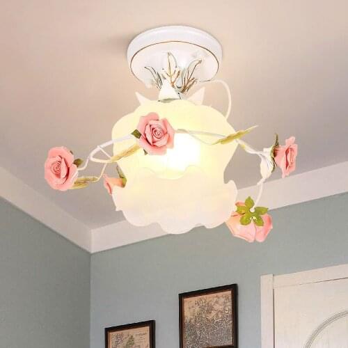 Nordic Metal Flower Led Ceiling Light Ceramic Rose Living Room Deco Ceiling Lamp Girl Bedroom Pink Lamp Iron Stair Light Fixture