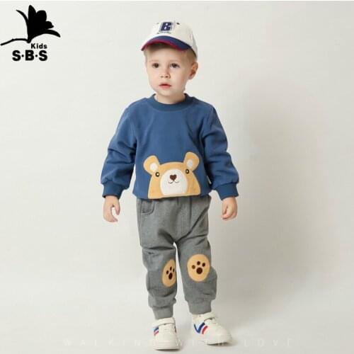 2020 Autumn Baby Boy and Girls Cartoon Sweater Suit Embroidered Bear Head Cotton Sweater Pants Outing Clothes 2-piece Set