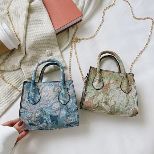 Retro Women Graffiti Flower Printing Canvas Shoulder Crossbody Messenger Bag Casual Ladies Chain Top-handle Mini Purse Handbags