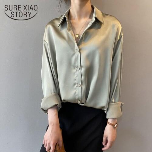 Fashion Button Up Satin Silk Shirt Autumn Vintage Blouse Women Long Sleeve White Shirts Tops Lady Chic Korean Office Shirt 11355