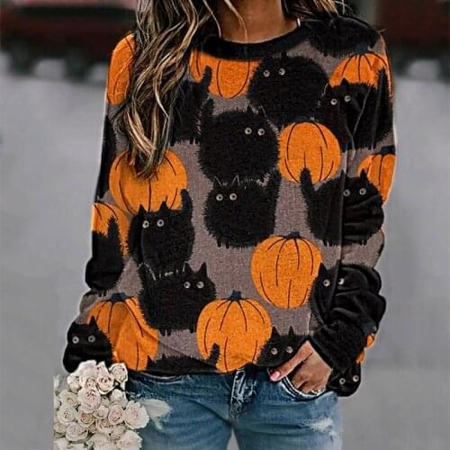 Oversized Women Fashion Halloween Element Print Long-sleeved Sweatshirt Casual Hoodie Round Neck Blouse Autumn Pullover Aachoae