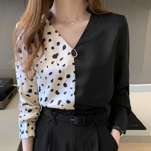 Blouse Womens 2021 Autumn Long-Sleeved Elegant Chiffon V-neck Ladies Tops Beading Casual Leopard Blusas Femininas Shirts 0789