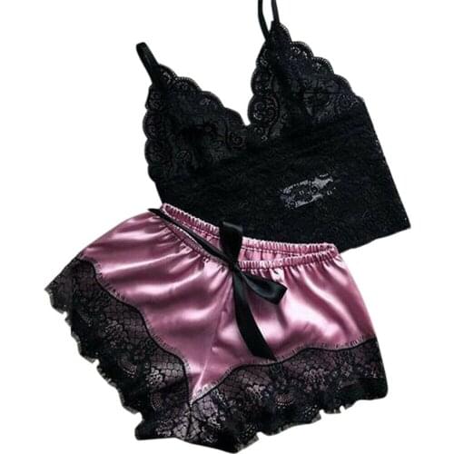 Womens Sexy Lace Sleepwear Lace Nachtkleding Lingerie Sleeveless V-Neck Babydoll Pajamas Set Lingerie Tops Shorts Set Nightwear