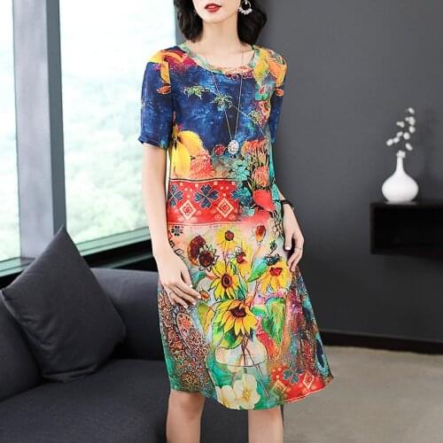 M-3XL Womens plus size dress 2019 Women National Style Floral Silk Dress Elegant Round Neck Short Sleeve Knee-Length Dresses