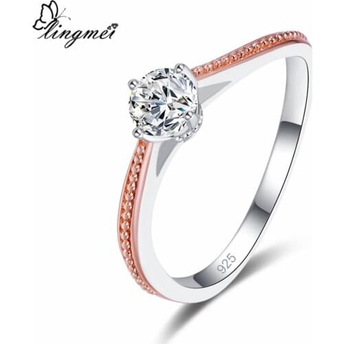 Lingmei Simple Style Pretty Fashion Jewelry Round Cut Blue & White Zircon Silver Color Wedding Solitaire Ring Size 6 7 8 9 Gift