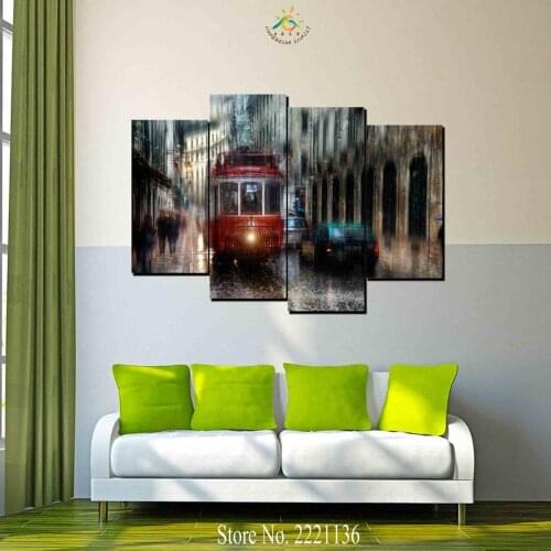 4 Pieces London Street Bus Modern Wall Art Canvas Printed Painting HD Prints Modular Poster Wall Pictures for Home Decor