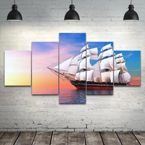 Printed 5 Panel Sailboat Canvas Painting Modern Home Decor Rising Sun Pictures Modular Sea Scenery Poster Frame Wall Art Bedroom