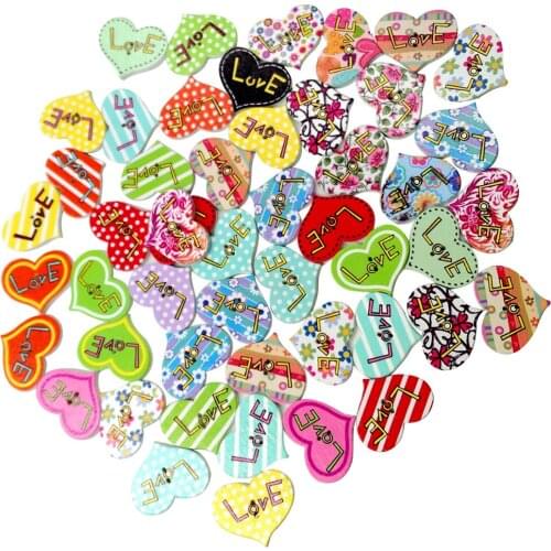 50 Piece Love Printed Heart Design Wooden 2-holes Craft Buttons for Scrapbooking