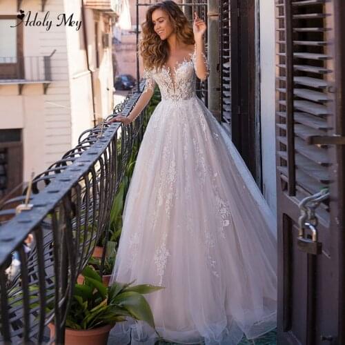 Adoly Mey New Charming Scoop Neck Button A-Line Wedding Dresses 2020 Luxury Appliques Long Sleeve Vintage Bridal Gown Plus Size