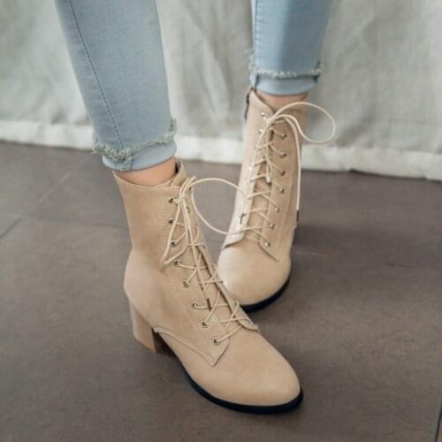 Big Size 11 12 13 14 Medium heel lace-up ladys ankle boot Martin boot Little round head Side zipper To keep warm