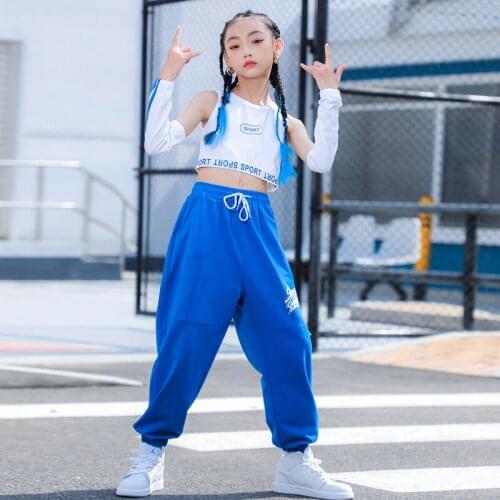 Kids Fashion Tops For Girls Jazz Dance Costume Blue Hip Hop Pants Ballroom Modern Dancing Clothes Hip-Hop Street Wear BL6715