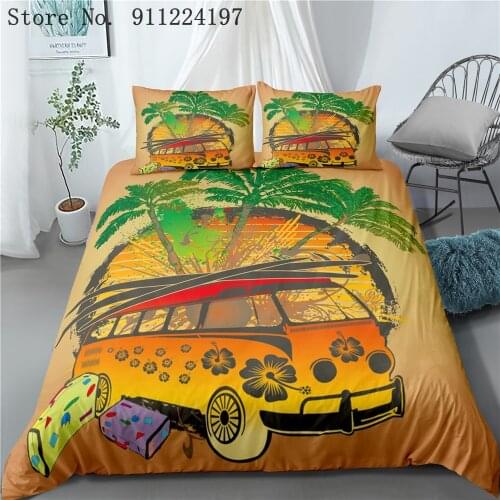 Home Textile Summer Surf Bus Duvet Cover Set Happy Travel Bedding Set Soft Microfiber Bright Colors Printing Quilt Cover 3pcs