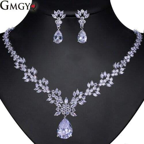 GMGYQ Nieuwste Luxe Vonken Brilliant Cubic Zirkoon Clear Ketting Oorbellen Wedding Bridal Sieraden Sets Banquet Accessoires