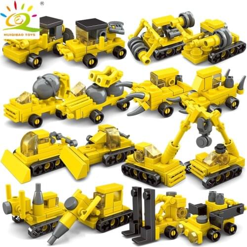 HUIQIBAO TOYS 8 Sets 2in1 Mini Engineering Construction Building Blocks For Children City Excavator crane car Bricks