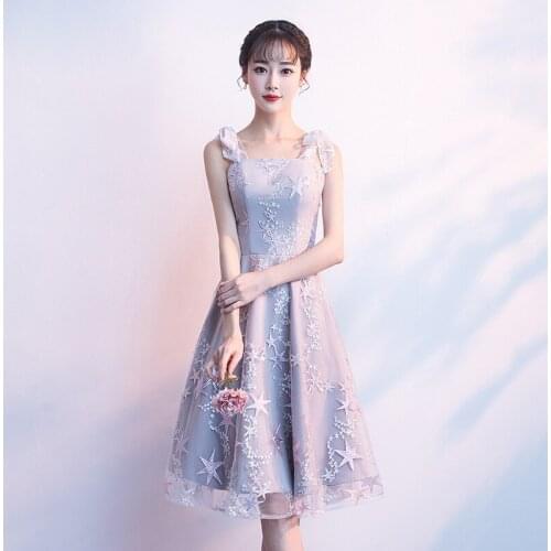 Short Silver Gray Party Dresses Wedding Party Guest Dresses Stars Lace Lanxirui Dress Spaghetti Straps