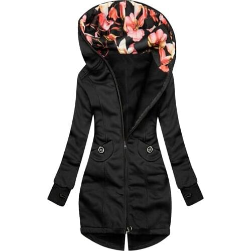 Women Fashion Floral Print Jacket Zipper Pocket Sweatshirt Long Sleeve Coat Black Blue Red Patchwork Coat Oversized Clothes
