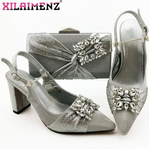 Top Selling Woman Nigerian Pointed Toe Shoes And Purse Set Sweet Style Square Heels Sandals Shoes And Bag For Fashion Party