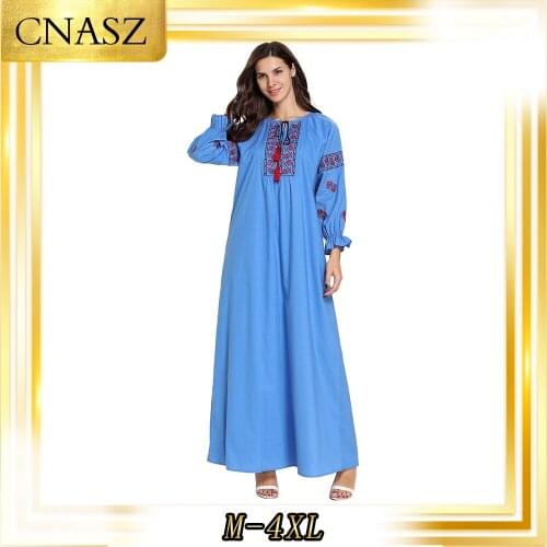 Moroccan Kaftan Muslim Dresses Large Size Deck Comfortable Arabian Blue Embroidered Trumpet Sleeve Autumn Muslim Dress