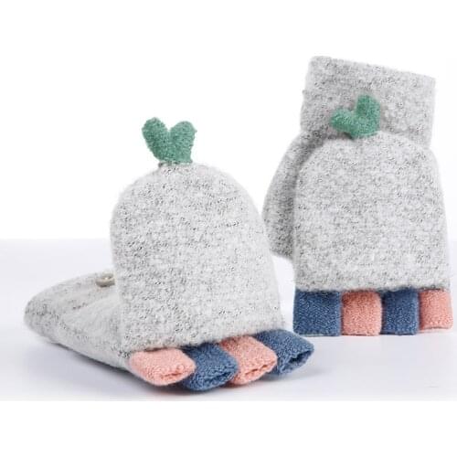 Lovely Winter Gloves Warm Wool Flip Top Gloves Flocking Warm Knitted Half-finger Gloves for girl and Women