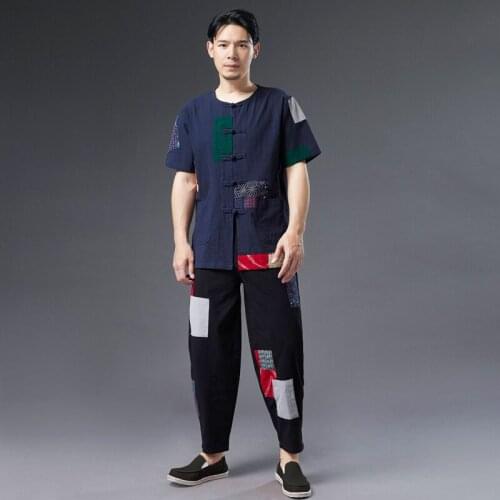 Chinese Style Youth Fashion Mens Trousers Color-Blocking Patch Pants Cotton Linen Casual Pants Mid-Waist Trousers Loose-Fitting