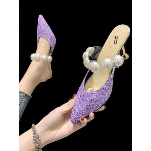 Cover Toe Female Shoes Womens Slippers Outdoor Med Heeled Mules Luxury Slides Low Square heel 2020 Heels Designer Pointed Block