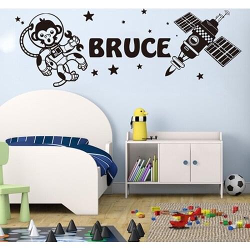 Custom Name Astronaut Monkey Satellite Wall Sticker Boy Room Kids Room Personalized Name astronomy Star Wall Decal Bedroom Art