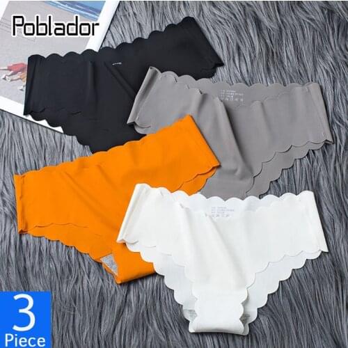 Poblador 3Pcs/Lot Sexy Womens Plain Color Panties Set Seamless Silk Briefs Low Waist Female Ruffle Panty Comfort Lady Lingerie