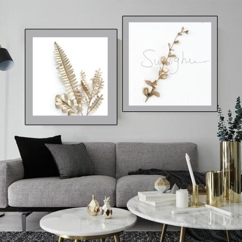 Nordic Golden Abstract Leaf Flower Canvas Painting on Wall Art Oil Poster Print Picture for Living Room House Decor Cuadros