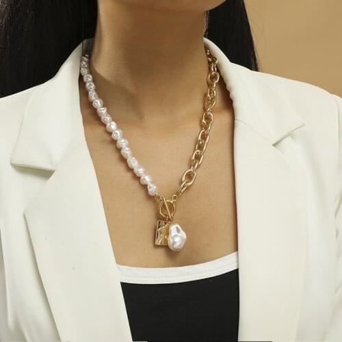 Vintage Baroque Irregular Pearl Lock Chains Necklace Geometric Angel Pendant Necklace for Women 2021 Punk Jewelry Gift