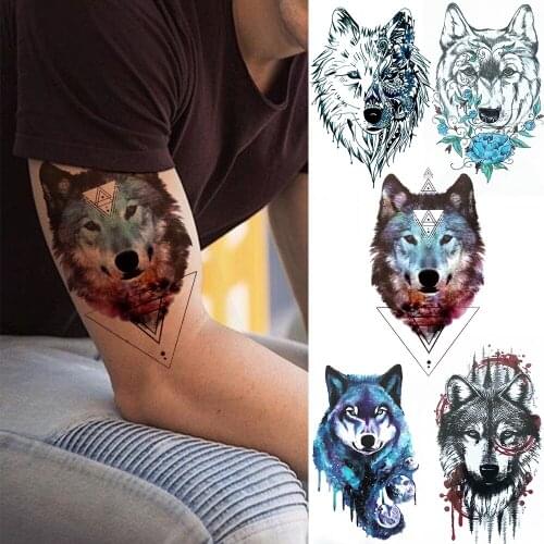 Fake Wolf Temporary Tattoo For Women Men kids Triangle Geometric Tatoo Sticker Watercolor Body Art Painting Beauty Tattoo Decal
