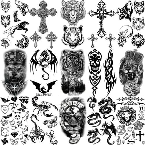 3D Realistic Black Wolf Tiger Lion Temporary Tattoos For Women Adult Men Dragon Scorpion Cross Fake Tattoo Small Transfer Tatoo