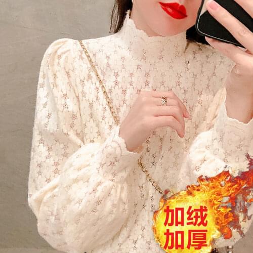 Women Blouse Womens High Collar Lace Autumn Winter Lantern Sleeve Mesh Hollow Fashion Tops Blusas Ropa De Mujer