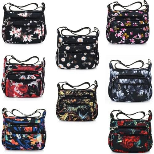 Women Floral Nylon Shoulder Crossbody Bag Multi Zipper Messenger Satchel Tote Purse