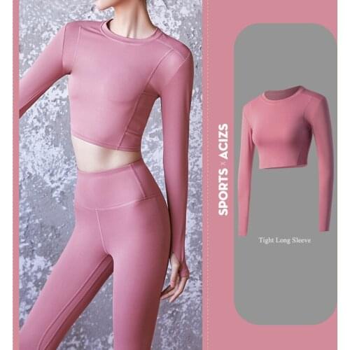 Women Full Sleeve Cropped Gym Tops Fitness Breathable Yoga Tops Shirts Running Workout Sport T-Shirts Stretchy Sports Tight Wear