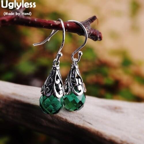 Uglyless Thai Silver Floral Vintage Earrings for Women Faceted Crystal Dangle Earrings 925 Silver Flower Brincos Jewelry E1469