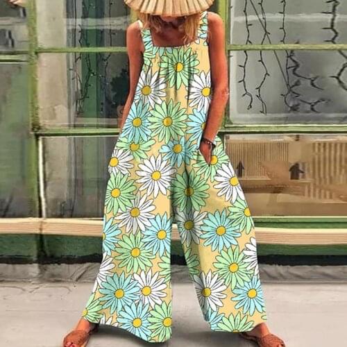 Beach Boho Jumpsuit Floral Print Suspender Female Sleeveless Wide Leg Loose Pockets Women Overall 2021 Sling jumpsuits