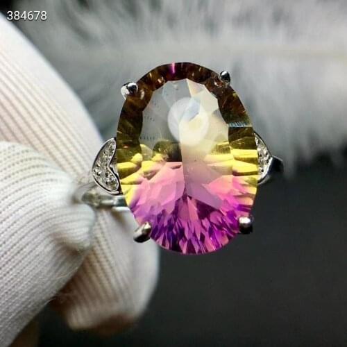 Genuine Natural Ametrine Quartz Purple Yellow Faceted Cut Women Adjustable Ring 10*14mm Oval Bead Rare Gift AAAAAA