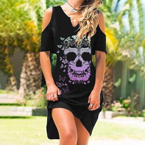 2021 Fashion Summer Dress Women V-Neck Strapless Skull Elegant Printed Dresses Casual Black Knee-Length Streetwear Robe Femme