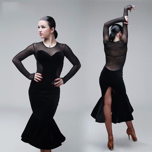 New Sexy Latin Dance Dress Women Black Dress Performance Costume Designer Clothes Mesh Samba Dancewear Tango Dance Outfits DQ114