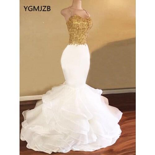 Sexy White Evening Dresses Long 2019 Mermaid Spaghetti Strap Gold Embroidery Arabic Women Formal Evening Gown Prom Dresses