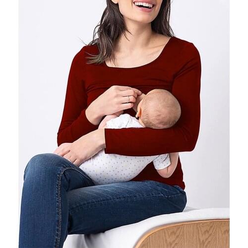 2021 New Pregnant Maternity Clothes Nursing Tops Womens Casual Long Sleeve Big Round Neck Four Seasons Bottomed Lactation