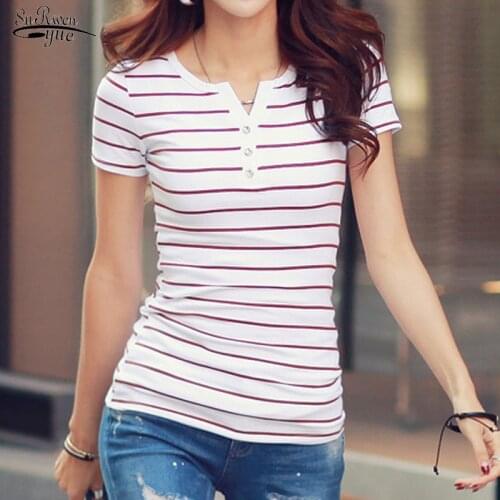 2021 Summer V-neck T Shirt Women Short Sleeve White Strip T-Shirt Casual T shirts Top Shirts Plus Size Cotton Tee Shirt 3188 50