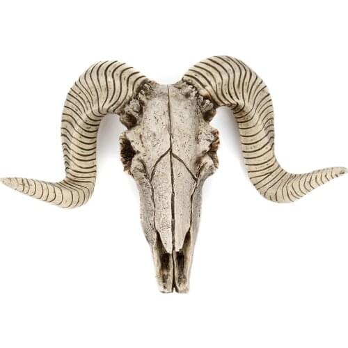 3D Animal Longhorn Ram Sculpture Figurines Crafts Horns Goat Home Decor Ornaments Creative Resin Sheep Head Skull Wall Hanging