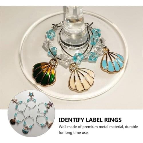 6Pcs Ocean Style Party Glass Pendant Shell Charm Wine Glass Cup Ring Decorations Shell Pendant Wine Glass Marker Circle