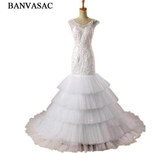 BANVASAC 2017 New Mermaid Vintage Embroidery O Neck Wedding Dresses Sleeveless Back Buttons Satin Sweep Train Bridal Gowns
